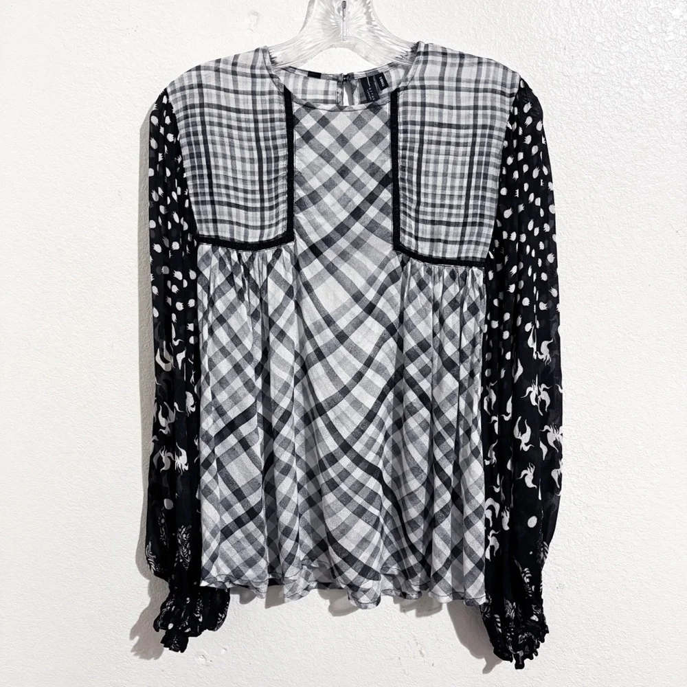 Anthropologie Bl-nk London Miranda Peasant Blouse in Black & White Gingham Plaid